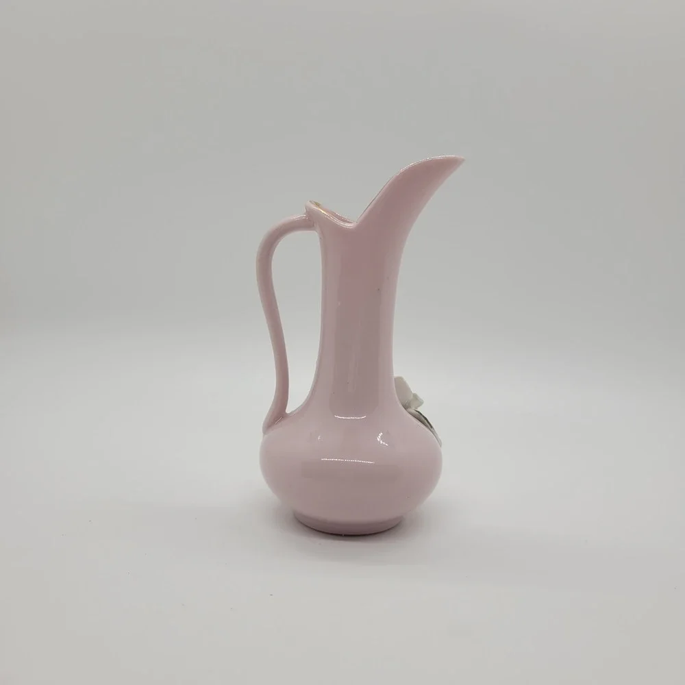 Vintage Betson Hand Painted Pink Ceramic Rose Bud Vase Pitcher Gold Trim‎ 4.5